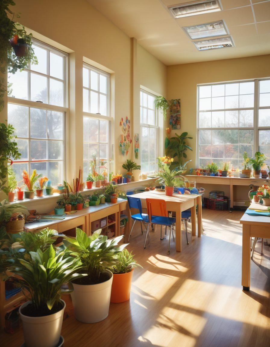 A vibrant classroom filled with engaged students of diverse backgrounds, showcasing interactive learning activities. Bright plants and nature-inspired decorations enhance the joyful atmosphere, along with smiles and laughter. A teacher encouraging creativity with art supplies around. Soft sunlight streaming through large windows, symbolizing growth and positivity. super-realistic. vibrant colors. warm tones.