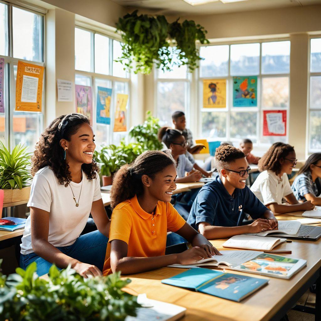 A vibrant scene in a modern classroom filled with enthusiastic students engaged in collaborative learning. Scholars of diverse backgrounds are exploring interactive technology, surrounded by colorful educational posters and plants. The atmosphere is joyful and inspiring, with sunlight streaming through large windows, illuminating their smiles. Artistic elements showcasing knowledge and creativity, such as books swirling around them like a gentle breeze. super-realistic. vibrant colors. bright and welcoming ambiance.